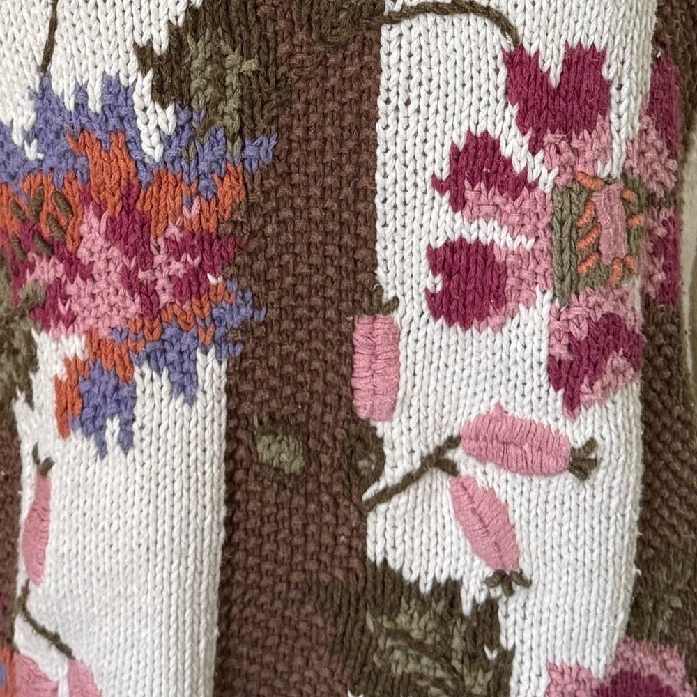 Vintage 80s Floral Chunky Knit Sweater Shoulder Pads Ramie Cotton Blend Large - Picture 6 of 8